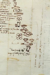 Drei verschiedene Listen von Lebensmitteln, beschrieben mit Ideogrammen, 1518